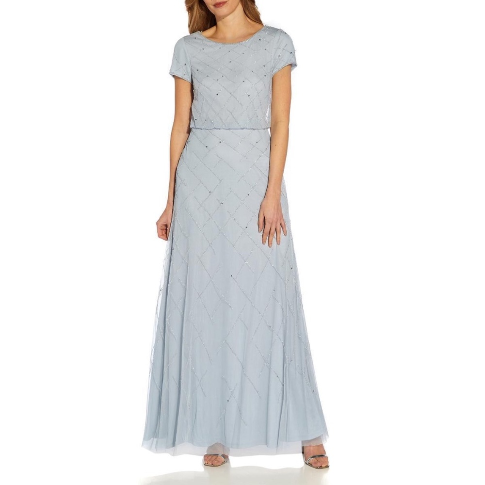 Adrianna Papell Womens Blue Mesh Maxi Evening Dress Gown 10